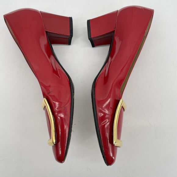 Gianni Versace Size 7 Red Patent Leather High Heels RARE Gold Buckle Block Heel - Picture 4 of 11